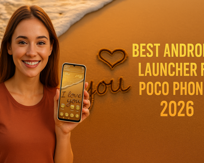 A smiling young woman holding a smartphone with a sand-themed Android launcher, standing on a beach with “I love you” written in the sand, alongside bold text that reads “Best Android Launcher for Poco Phones 2026.”