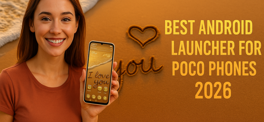 A smiling young woman holding a smartphone with a sand-themed Android launcher, standing on a beach with “I love you” written in the sand, alongside bold text that reads “Best Android Launcher for Poco Phones 2026.”