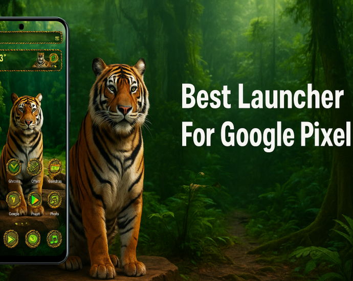 Tiger-themed Android launcher on a smartphone with jungle background and bold text “Best Launcher For Google Pixel 9”.
