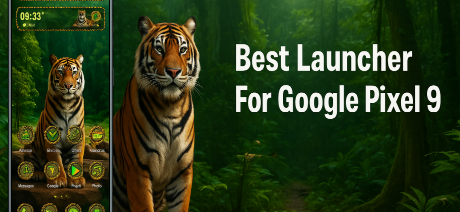 Tiger-themed Android launcher on a smartphone with jungle background and bold text “Best Launcher For Google Pixel 9”.
