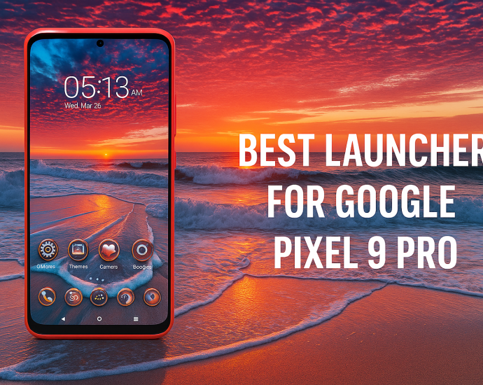 A Google Pixel 9 Pro smartphone displayed on a beach at sunset, showing a custom beach-themed Android launcher with bold text reading “Best Launcher For Google Pixel 9 Pro.”
