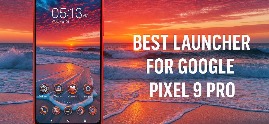 A Google Pixel 9 Pro smartphone displayed on a beach at sunset, showing a custom beach-themed Android launcher with bold text reading “Best Launcher For Google Pixel 9 Pro.”