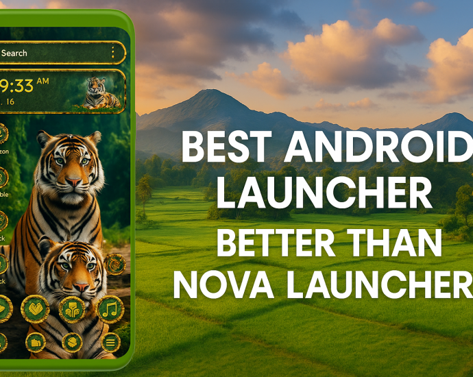 Smartphone with tiger-themed Android launcher in a rural Assamese landscape with bold text “Best Android Launcher Better Than Nova Launcher”.