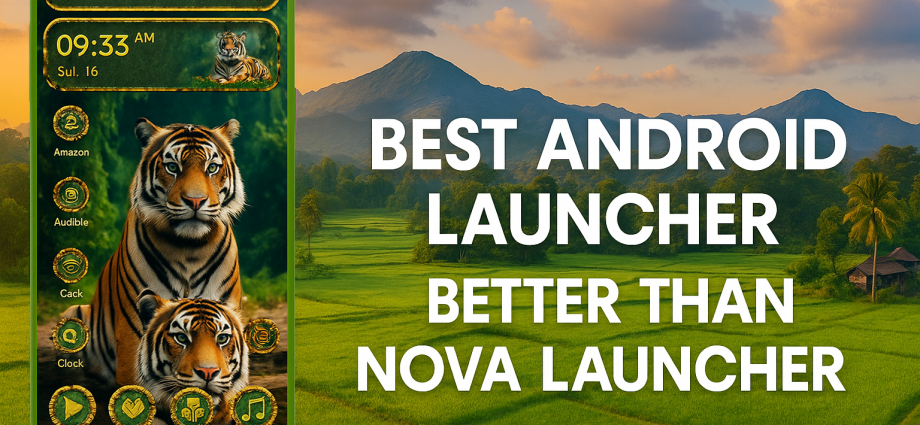 Smartphone with tiger-themed Android launcher in a rural Assamese landscape with bold text “Best Android Launcher Better Than Nova Launcher”.