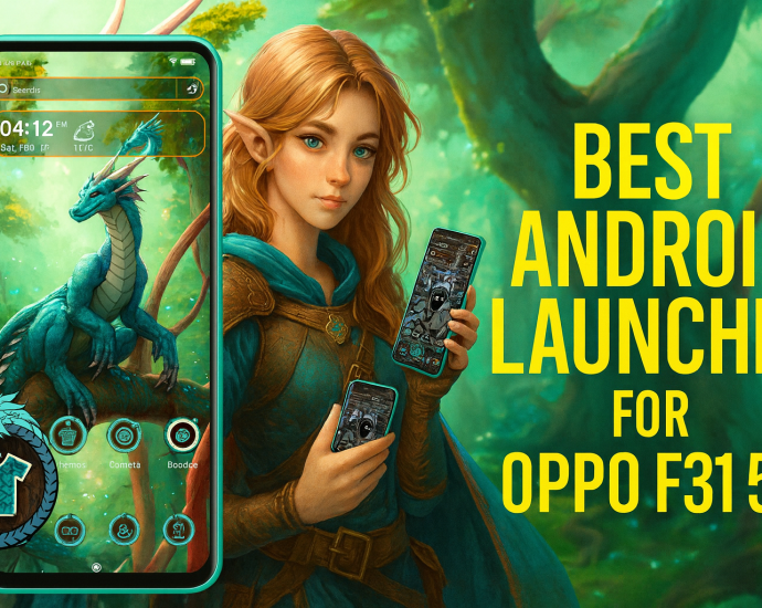 OPPO F31 5G with dragon launcher theme, fantasy character, and bold blog banner text.