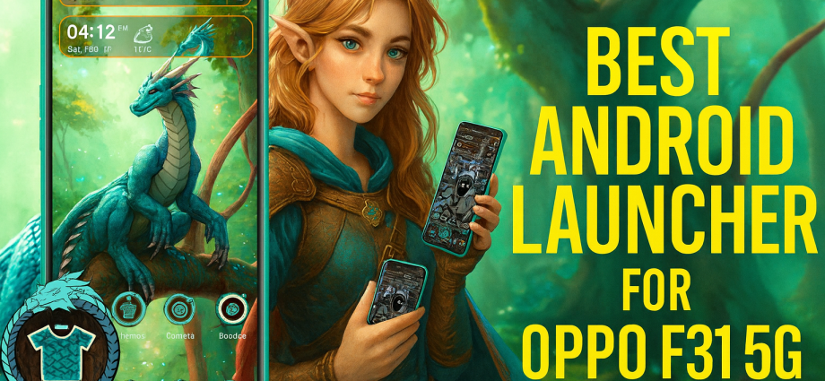 OPPO F31 5G with dragon launcher theme, fantasy character, and bold blog banner text.