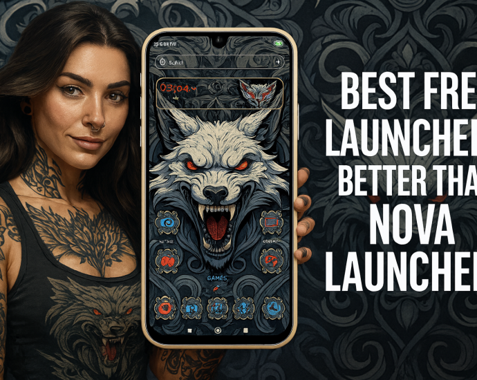 A tattooed woman holding a smartphone with a fierce wolf-themed launcher, promoting best free Android launchers better than Nova Launcher.