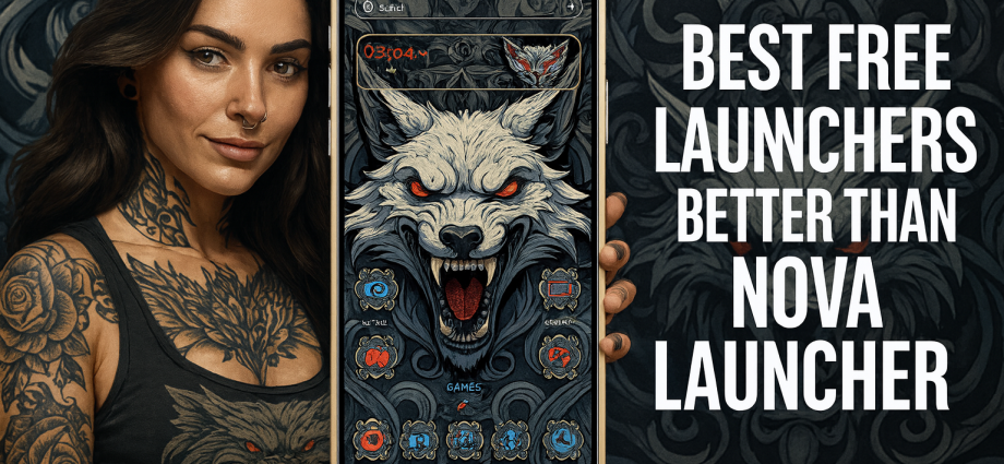 A tattooed woman holding a smartphone with a fierce wolf-themed launcher, promoting best free Android launchers better than Nova Launcher.