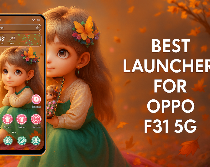 OPPO F31 5G smartphone with custom Android launcher beside fantasy female character and bold header text.