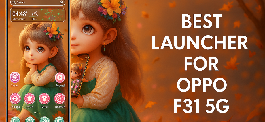 OPPO F31 5G smartphone with custom Android launcher beside fantasy female character and bold header text.