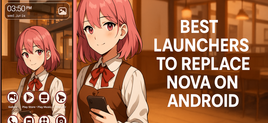 Smartphone displaying anime-style Android launcher with pink-haired character and bold text “Best Launchers to Replace Nova on Android” in a cozy café background.