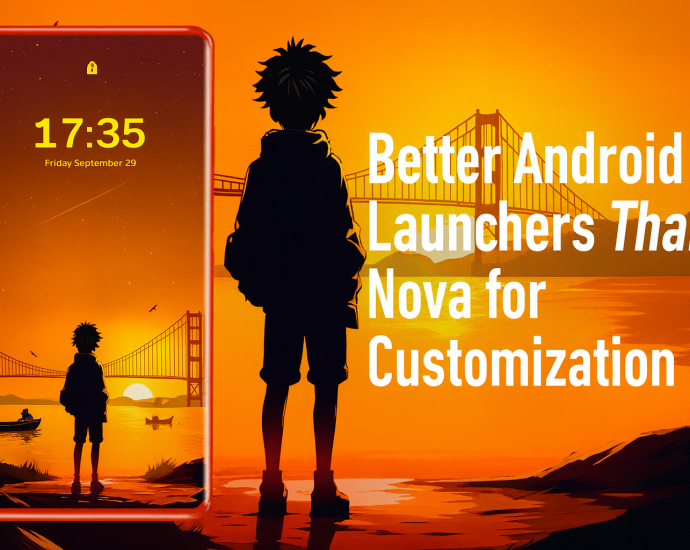A wide 1600×600 blog banner featuring a full-size smartphone with a sunset-themed Android launcher. The background shows a glowing orange sunset with bridges and water reflections. On the right, bold white text reads: “Better Android Launchers Than Nova for Customization.”