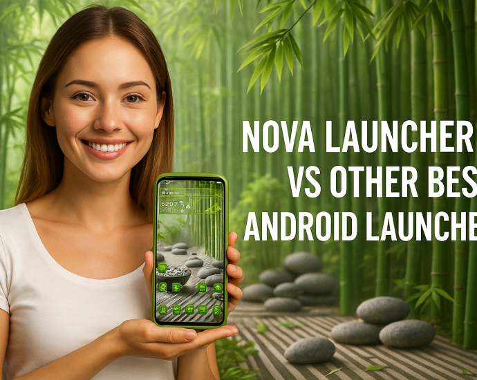A smiling young woman holds a smartphone displaying a bamboo-themed Android launcher, with a serene bamboo forest background.