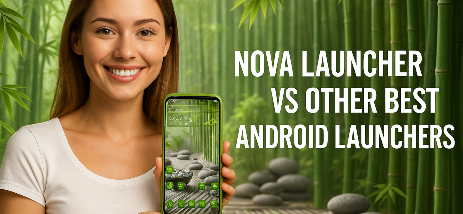 A smiling young woman holds a smartphone displaying a bamboo-themed Android launcher, with a serene bamboo forest background.