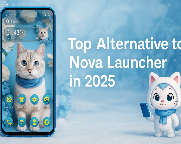Smartphone with cat-themed Android launcher in icy blue floral background with cartoon snow-cat character and bold text “Top Alternative to Nova Launcher in 2025”.