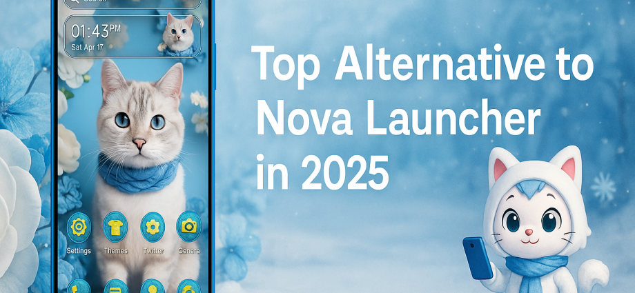 Smartphone with cat-themed Android launcher in icy blue floral background with cartoon snow-cat character and bold text “Top Alternative to Nova Launcher in 2025”.