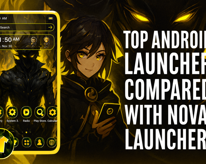 Android launcher in black and yellow theme with fantasy female character and bold comparison text.