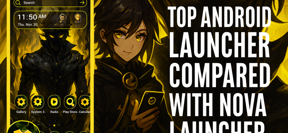 Android launcher in black and yellow theme with fantasy female character and bold comparison text.