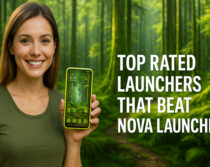 A smiling young woman holding a smartphone with a green forest-themed Android launcher, next to bold text reading “Top Rated Launchers That Beat Nova Launcher”.