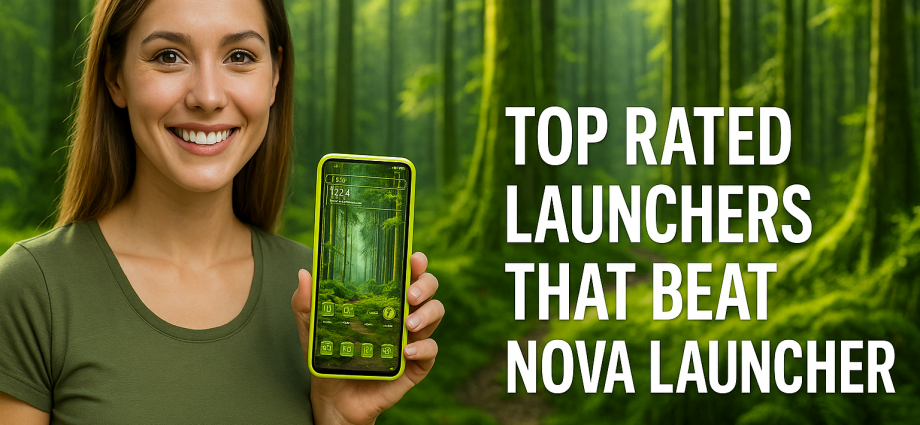 A smiling young woman holding a smartphone with a green forest-themed Android launcher, next to bold text reading “Top Rated Launchers That Beat Nova Launcher”.