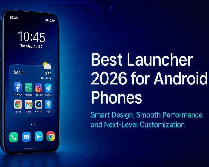 Best launcher 2026 for Android phones banner with futuristic UI, glowing app icons, and blue neon gradient background.