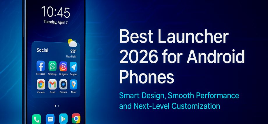 Best launcher 2026 for Android phones banner with futuristic UI, glowing app icons, and blue neon gradient background.