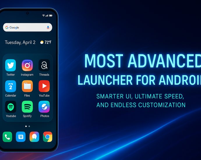 Advanced Android launcher interface with smart widgets, neon icons, and smooth customization features.
