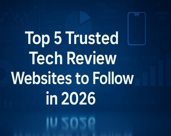 Modern tech workspace showing top review platforms used by readers searching for trusted tech insights to follow in 2026.