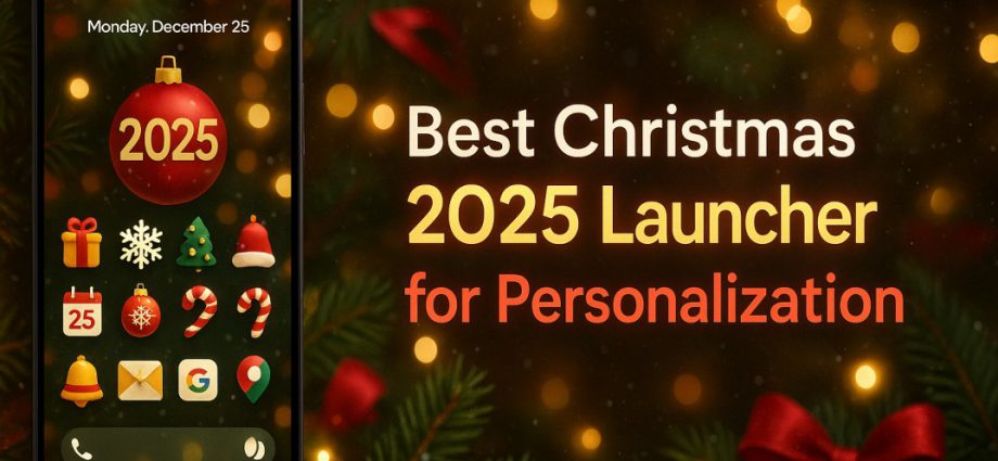 Festive Christmas launcher banner showing bright icons, winter colors, and smooth Android personalization for a cheerful 2025 phone setup.