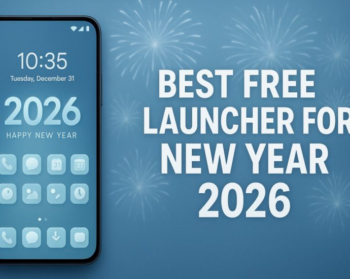 Android phone with a festive New Year 2026 launcher theme showing smooth UI, custom icons, and a clean home screen setup.