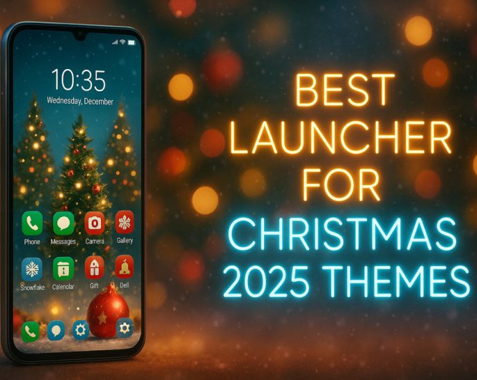Christmas 2025 Android launcher banner showing glowing icons and a festive winter wallpaper inside a bright seasonal home screen layout.
