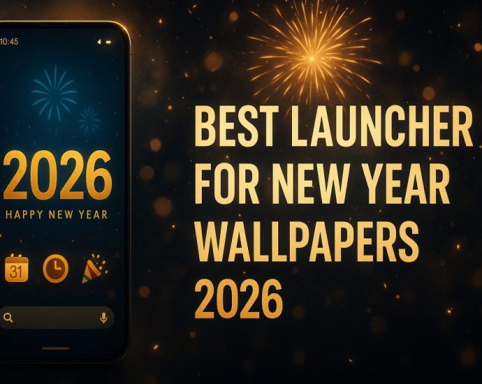 Cinematic New Year 2026 launcher banner with festive icons, fireworks wallpaper, and modern smartphone mockup