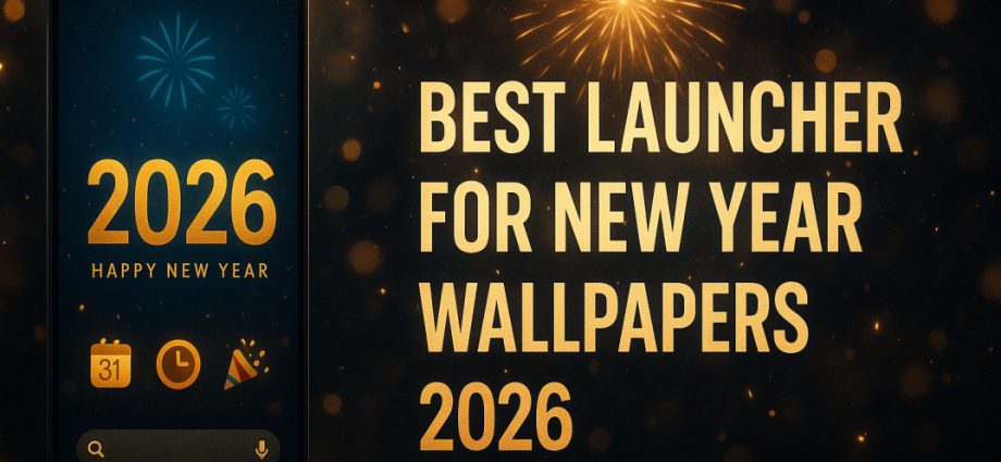 Cinematic New Year 2026 launcher banner with festive icons, fireworks wallpaper, and modern smartphone mockup