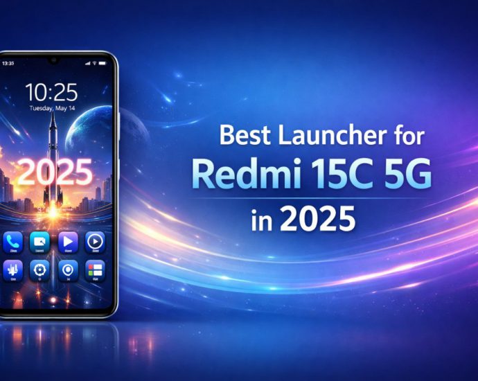 Best launcher for Redmi 15C 5G showing a clean Android home screen with smooth layout, modern icons, and balanced performance focus