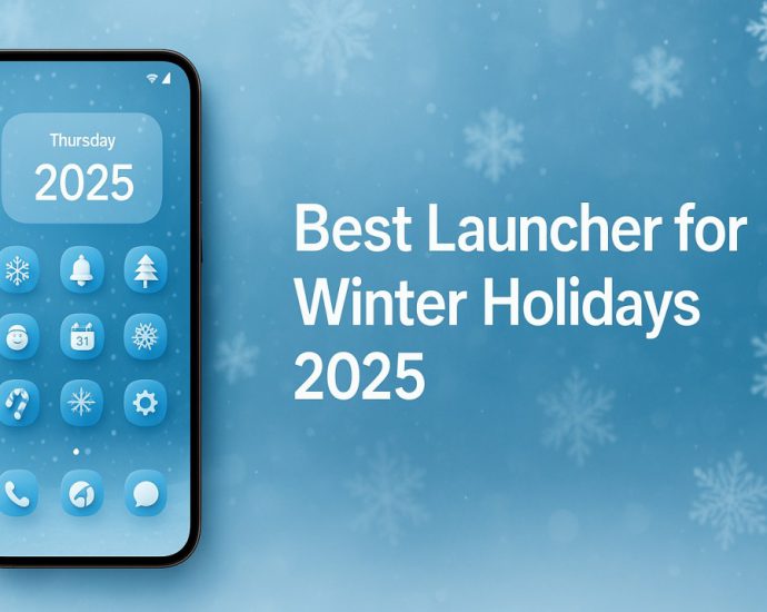 Modern Android phone showing festive icons, winter wallpaper and smooth UI that matches the Best Launcher for Winter Holidays 2025 theme perfectly.