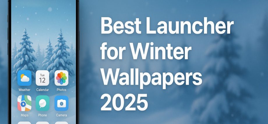Winter themed Android launcher banner with a clean layout, soft blue tones, and a modern phone showing a cozy seasonal wallpaper for 2025 users.
