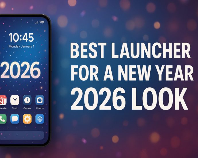 A vibrant New Year 2026 themed Android launcher setup with glowing icons and a clean festive home screen layout on a modern smartphone.