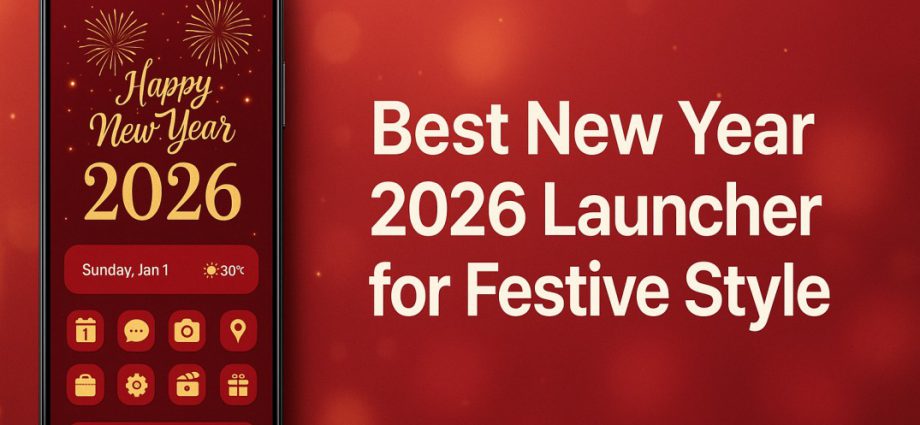 Best New Year 2026 launcher banner showing a festive Android home screen with custom icons, premium smartphone mockup and modern design