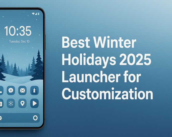 Festive winter launcher banner with smartphone and glowing holiday theme that highlights customization tools for a smooth seasonal Android setup.