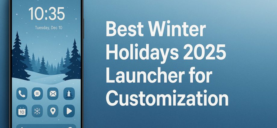 Festive winter launcher banner with smartphone and glowing holiday theme that highlights customization tools for a smooth seasonal Android setup.