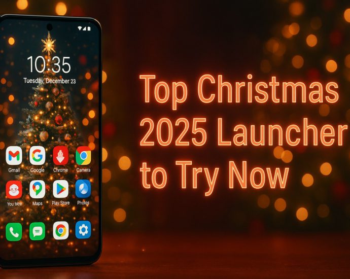 Christmas 2025 Android home screen banner featuring glowing icons, winter wallpapers, and festive colors styled with a modern customization layout.