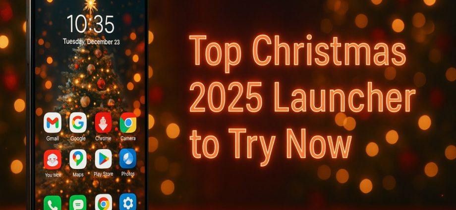 Christmas 2025 Android home screen banner featuring glowing icons, winter wallpapers, and festive colors styled with a modern customization layout.