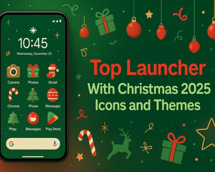 A festive Android home screen showing Christmas 2025 icons, snowy wallpaper, and gentle light effects for a warm holiday look.