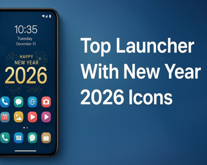 Festive Android launcher banner showing New Year 2026 icons with a modern layout and vibrant colors for a stylish home screen upgrade.