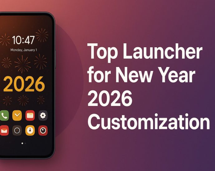 Wide blog banner showing smartphone launcher with New Year 2026 icons, festive wallpaper, clean layout, and bold title text