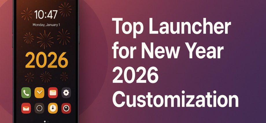 Wide blog banner showing smartphone launcher with New Year 2026 icons, festive wallpaper, clean layout, and bold title text