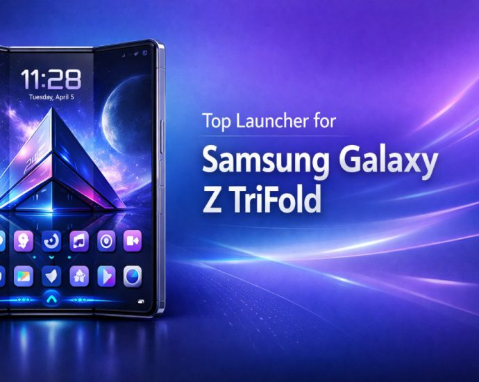 Top Launcher for Samsung Galaxy Z TriFold banner showing optimized tri fold layout, clean gestures, and balanced use
