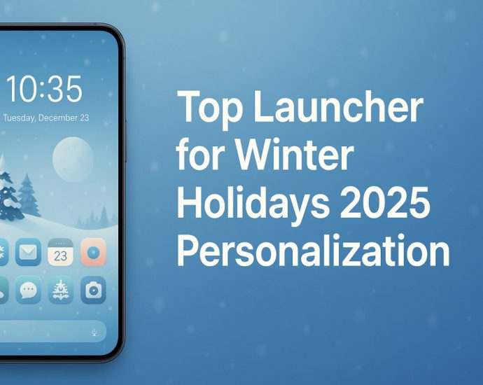 Winter themed banner showing an Android phone with a festive layout beside bold holiday text promoting seasonal launcher personalization.
