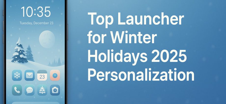 Winter themed banner showing an Android phone with a festive layout beside bold holiday text promoting seasonal launcher personalization.