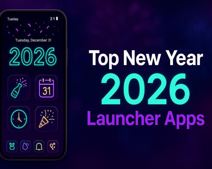 Modern Android phone with festive 2026 theme showing clean launcher layout for New Year customization in a bright tech styled background.